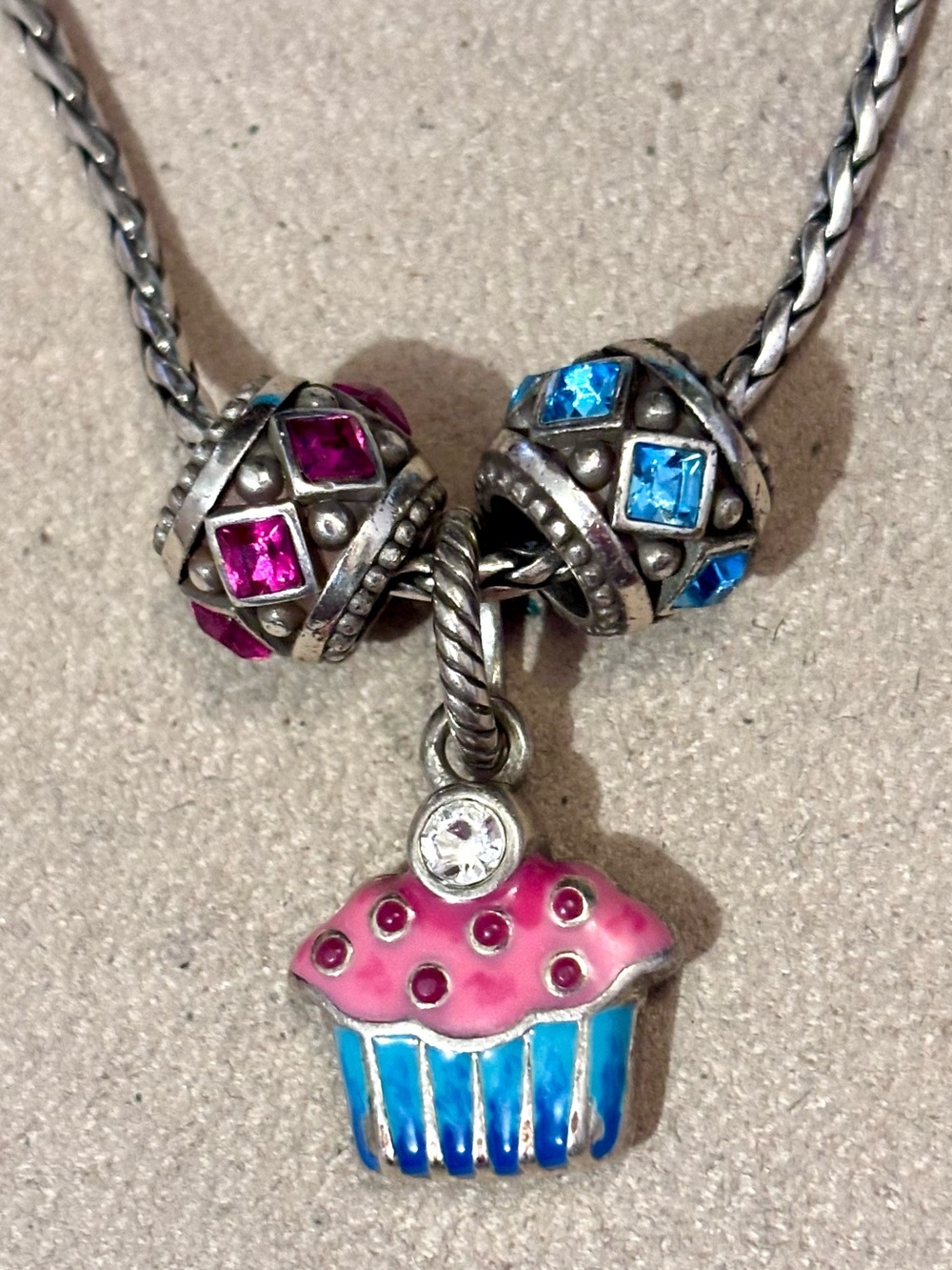 🆕 Brighton Cupcake charm Pink & blue enamel on silver Crystal on top Retired - Picture 7 of 7